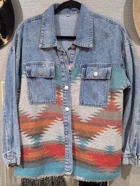 Southwest Pattern Denim Shacket with Turquoise & Red Accents